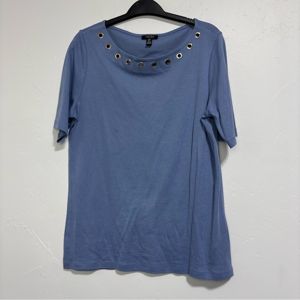 Jones New York Blue Short Sleeve‎ Top with Grommet Neckline Women's Large